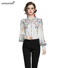 Aliexpress - Elegant Women Spring Runway Shirts Fashion Lantern Sleeve Turn Down Collar Flower Printed Blouses Female Work Wear Tops M-XXL