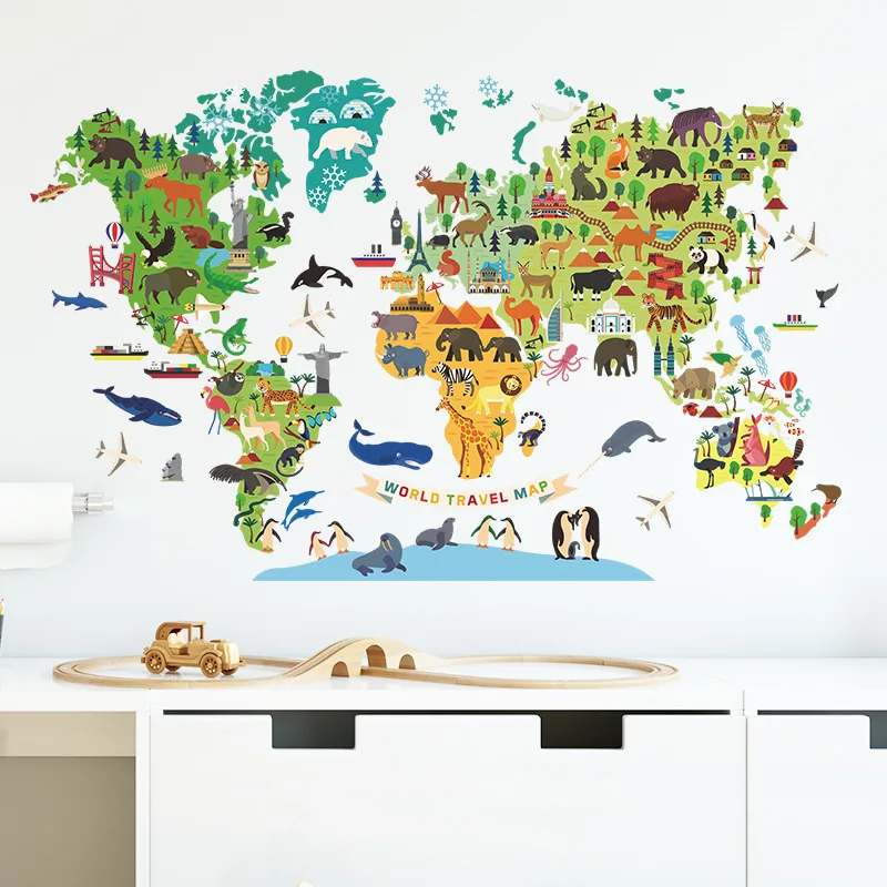 Animals World Map Wall Stickers for Boys Children Bedroom Kids room Wall Decor Removable Sticker for Kindergarten Classroom DIY