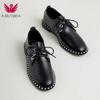 

New Genuine Leather Round Toe Lace-Up Women's Pumps Plus Size 43 Rome String Bead 2020 Spring and Autumn Ladies Party Shoes