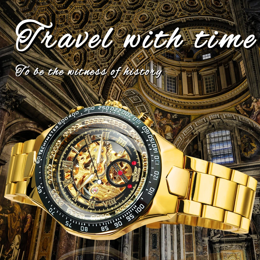 Mechanical Sport Design Bezel Gold Watch Men Automatic Mens Watches Skeleton Wristwatch Winner