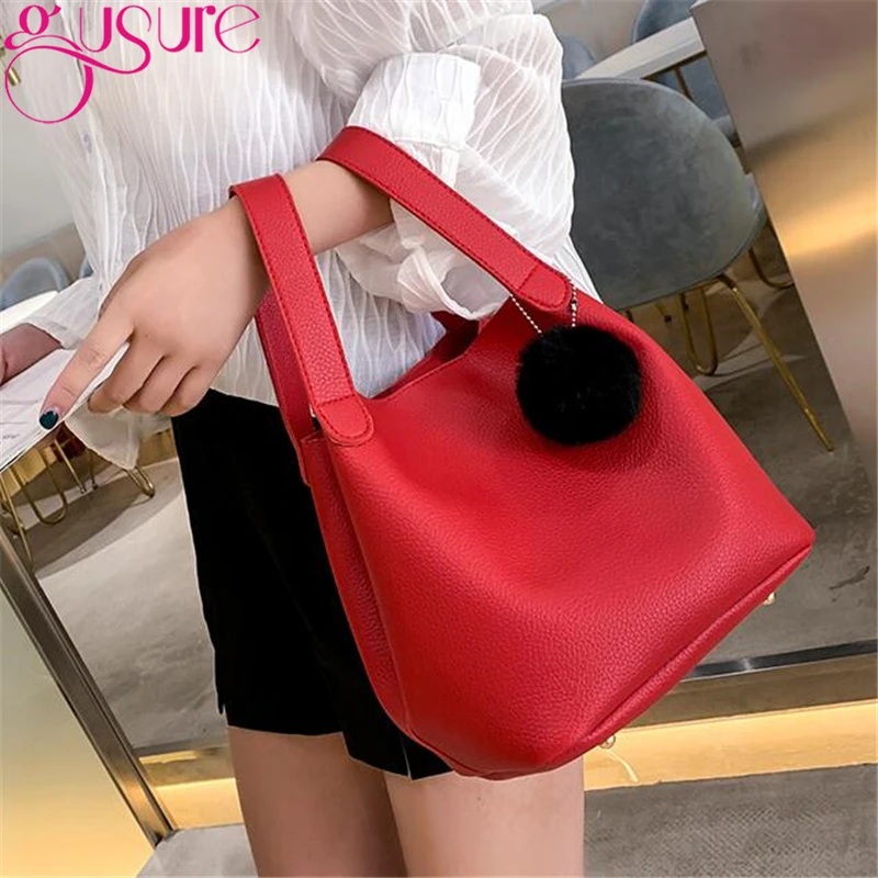 Gusure Pure Color Simple Ladies Handbag Small Totes Women Casual Bucket PU Leather Handbags with Fur Ball Pendant Sac a main |