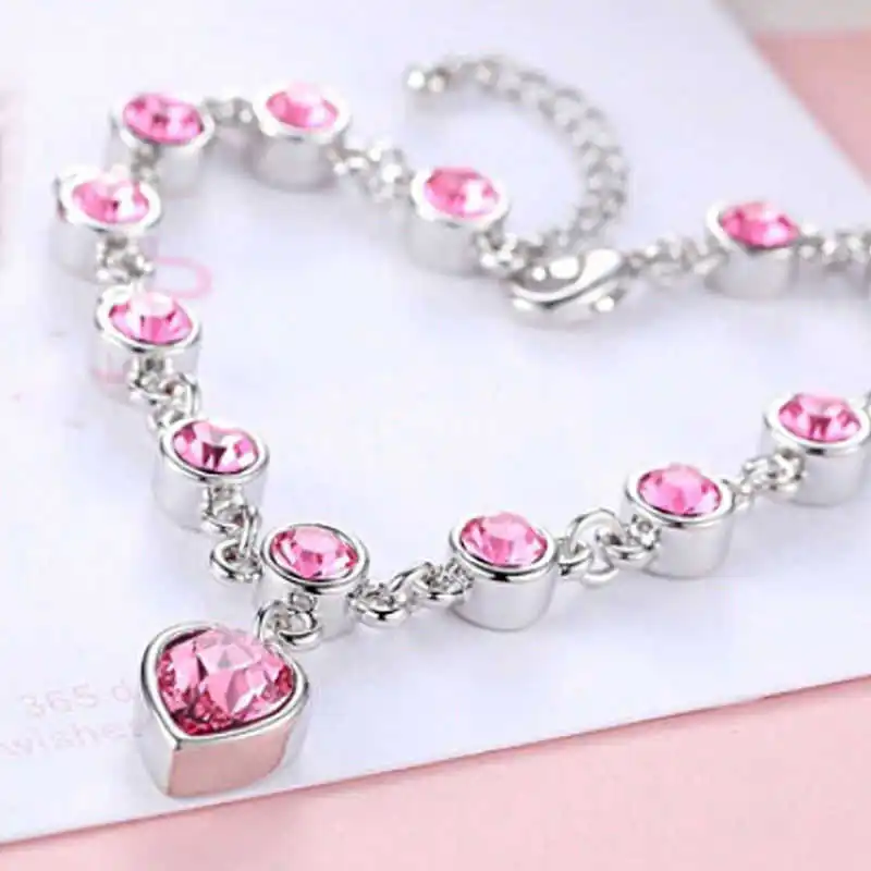 Pink Silver Леди Сердце Кулон Браслет из горного хрусталя браслет красивый персиковый браслет с кристаллом в форме сердца - Окраска металла: Pink Silver