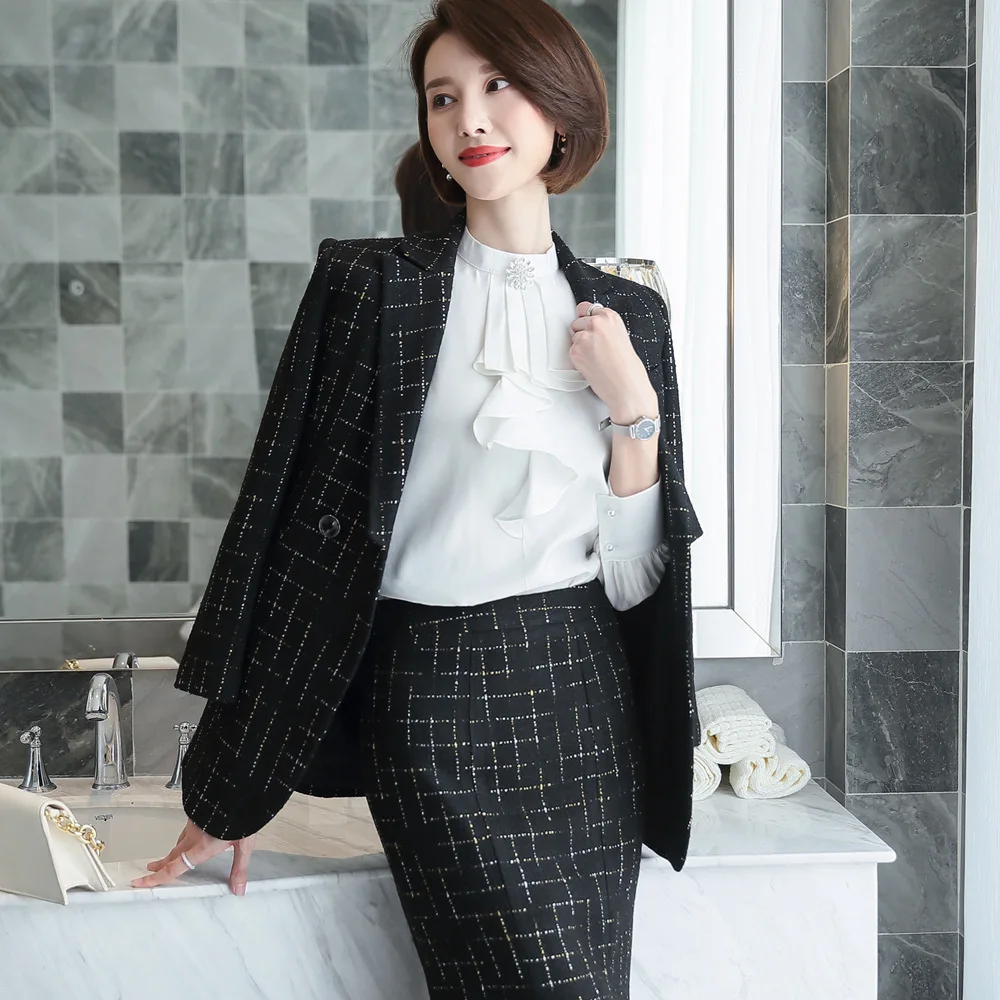 Зимний костюм плотный теплый материал Блейзер юбка комплект клетчатая куртка