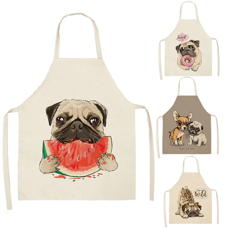

Cartoon Dog Printed Kitchen Aprons Cotton Linen Home Cooking Baking Coffee Shop Cleaning Accessory