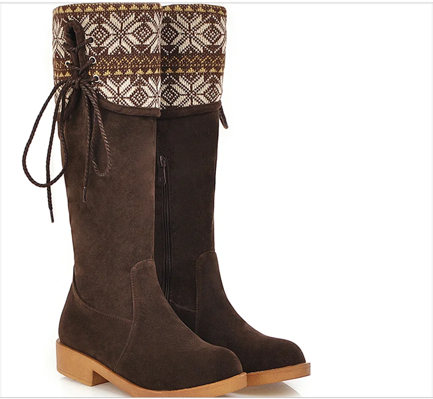

US4-11 Womens Round Toe Mid Calf Boots Embroidered Ethnic Style Warm Fleece Liner Winter Lace Up Side Zipper Shoes Plus Size