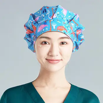 

1PC Printing Hat Polyester Elastic Strap Cap Doctor Nurse Cap Working Hat Head Protector for Beautician Worker (Flamingo)