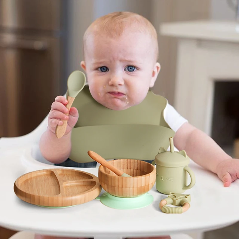 

Bamboo Baby Feeding Supplies Baby Feeding Set Kids Silicone Dinnerware With Cup Children's Dishes Bowl Stuff Tableware Gift Set