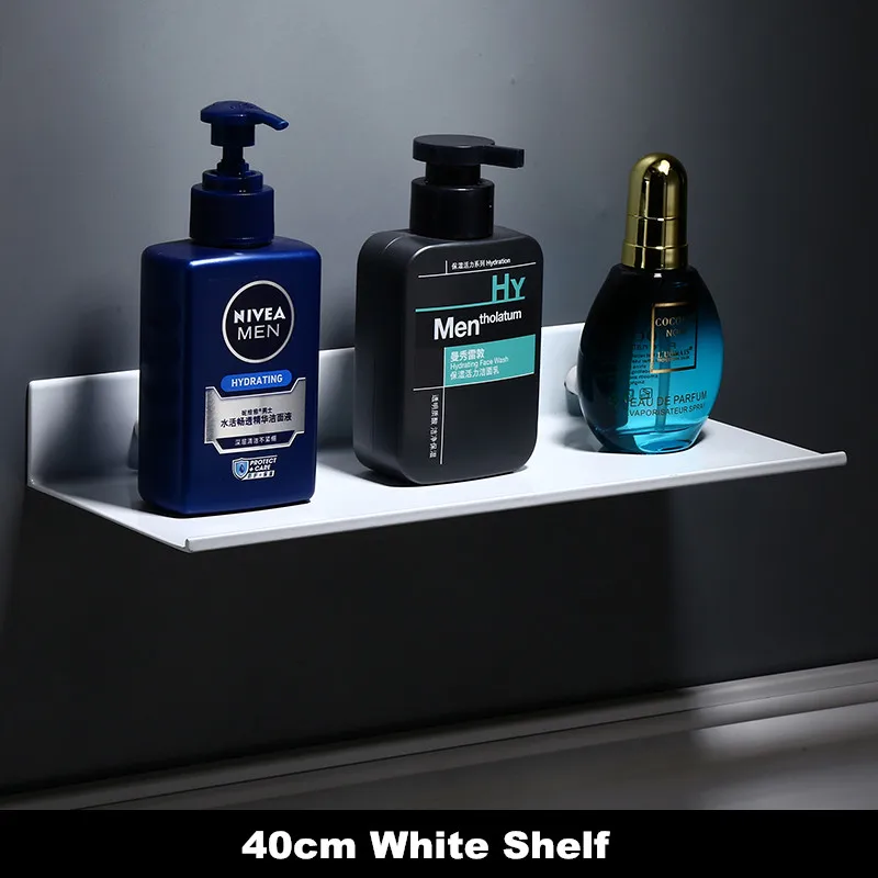 White - 40cm Космические алюминиевые элегантные белые полки для ванной комнаты на кухню стену полку душевой стеллаж для хранения аксессуары для ванной комнаты 30-60 см длина - Цвет: White - 40cm