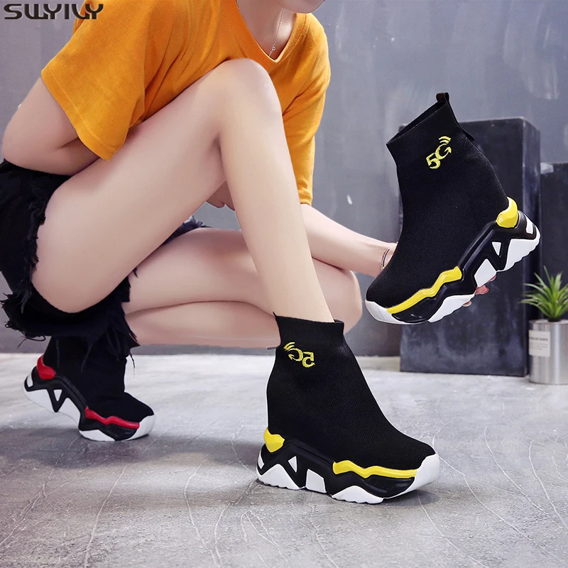 

SWYIVY New Mesh Martin Boots Women's Shoes T New 2019 Autumn Breathable Platform Womens Boots Ankle Female Shoes Slip On Booties