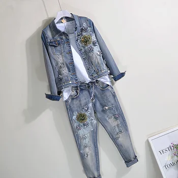 

Two Piece Set 2020 Spring and Autumn Beads Sequin with Holes Jeans + Tops Jacket Coat Two-Piece Set Women's Jeans Sets Pants Set