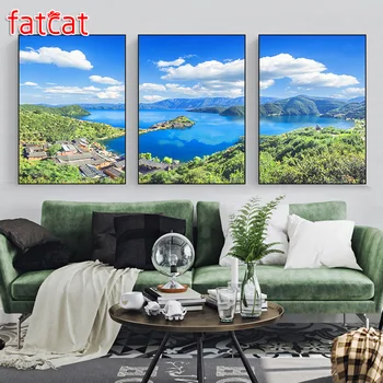 

FATCAT diamond embroidery blue sky white clouds mountain lake forest natural scenery mosaic art diamond painting triptych AE232