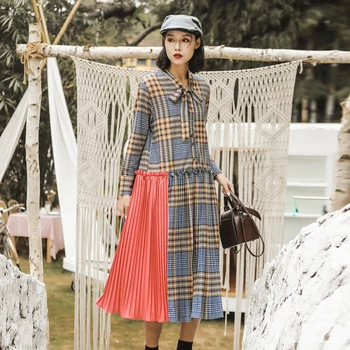 

LANMREM can ship women's clothese 2020 spring fashion new Longuette French Lattice patchwork hem vintage long sleeve Dress YJ024