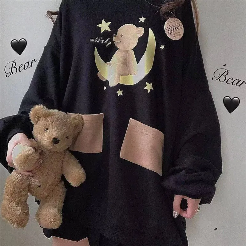 2 Милый Harajuku японский медведь печати толстовки для женщин Kawaii готический панк Негабаритных Толстовки с капюшоном крутой пуловер уличная Толстовка - Цвет: 2
