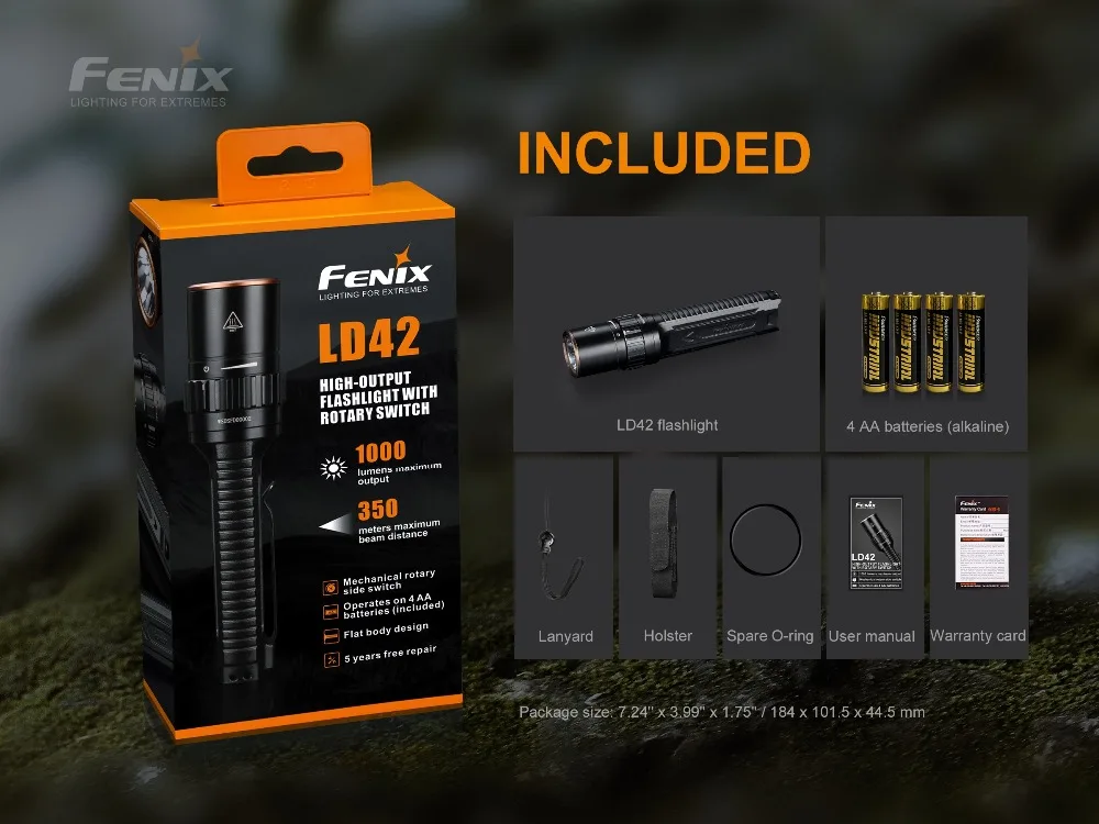 Fenix LD42 1000 люмен AA питание от аккумулятора поворотный контроллер светодиодный фонарик с 4 батареями AA