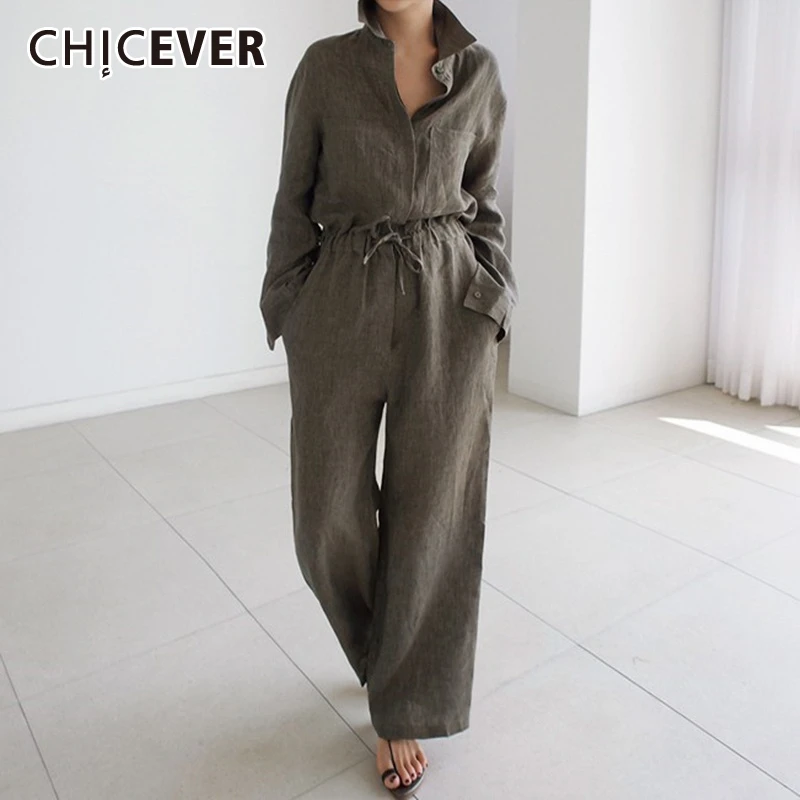 

CHICEVER Summer Vintage Jumpsuit Women Lapel Collar Half Sleeve Bandage Bow Loose Full Length Plus Size Jumpsuits Fashion New