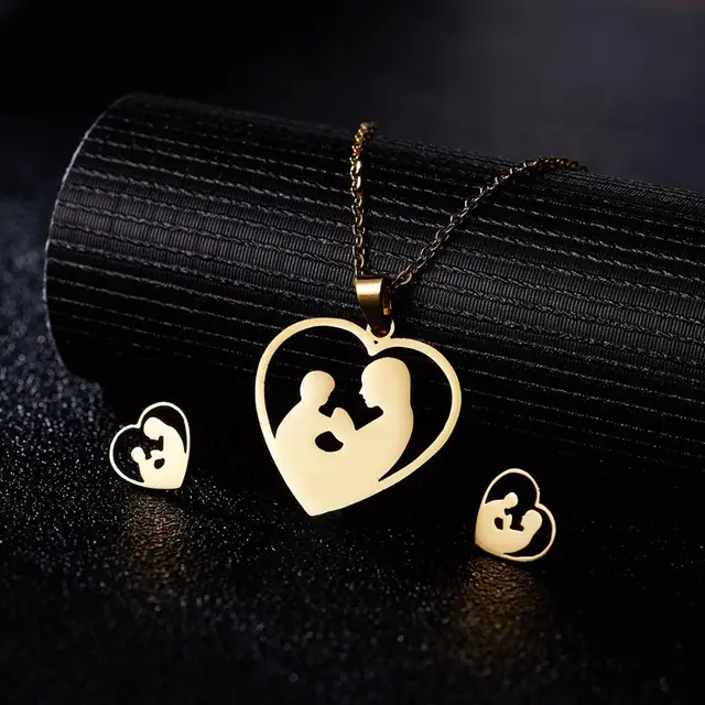 Stainless Steel Love Heart Flower Earrings Necklace Women Wedding Jewelry Set