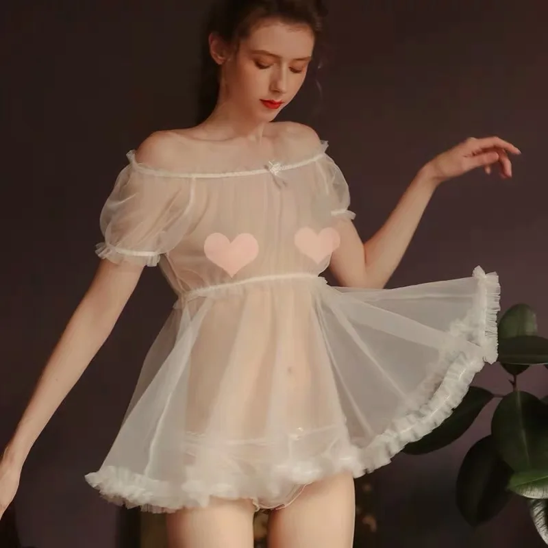 Каваи белье милый сладкий Lenceria экзотическая Одежда для танцев Babydoll взрослое белье прозрачное ночное мини-платье Ночное черное - Цвет: 1