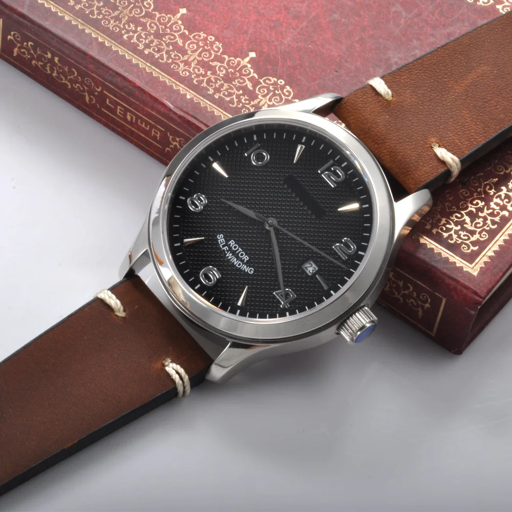 

Corgeut 42mm Sterile dial Black dial Sapphire Crystal Leather Strap auto date Automatic Men Watch.
