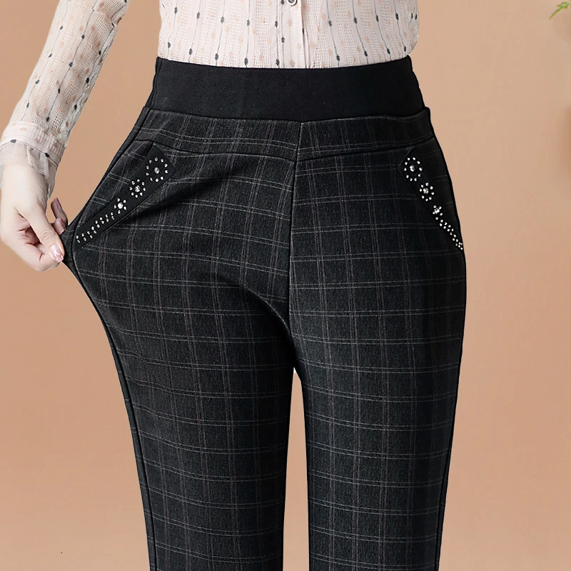Plaid regular Размер плюс 6XL женские зимние Бархатные брюки элегантные с высокой талией повседневные Прямые брюки с карманами свободные женские брюки в полоску - Цвет: Plaid regular