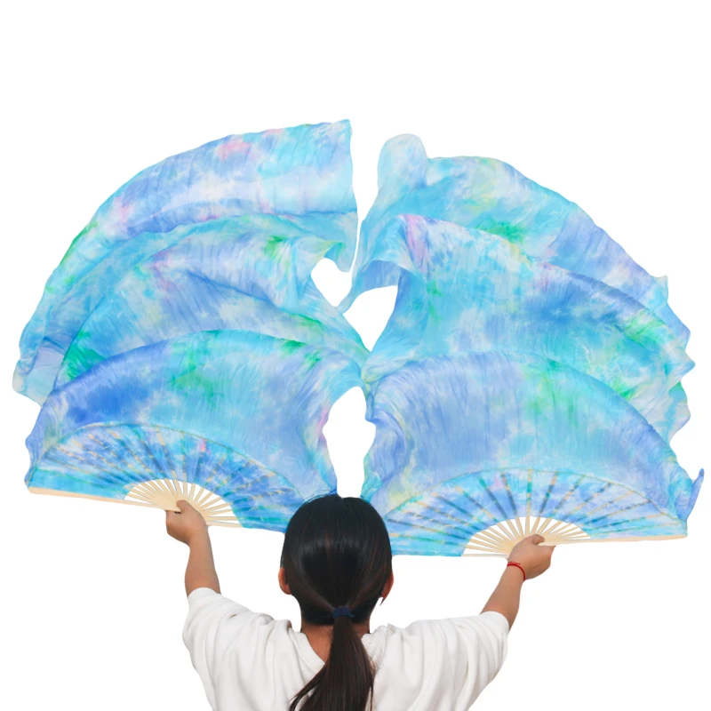 

Wholesale Real Silk Belly Dance Veil Fans Bamboo Handmade Dyed Performance Long Fan Belly Dancing 100%Real Silk Fan Customizable