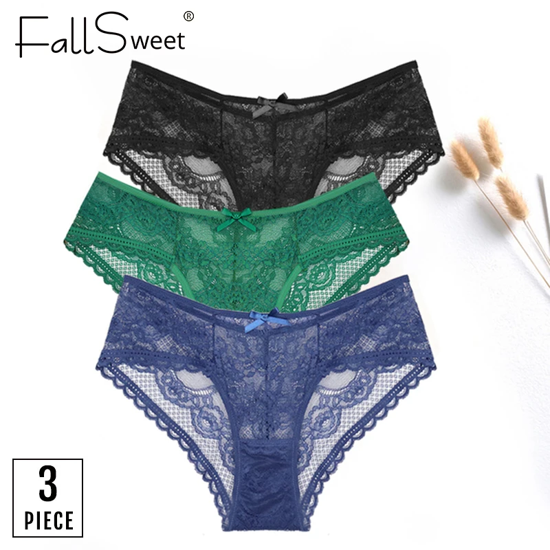 

FallSweet 3 pcs/lot! Lace Panties Women Sexy Lingerie Transparent Briefs Ultra Thin Low-Rise Bragas Ropa Interior S to XXL