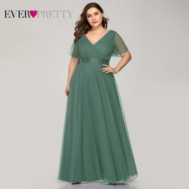 Вечерние платья размера плюс, элегантные шифоновые длинные вечерние платья с v-образным вырезом и коротким рукавом - Цвет: EP07962GB-Tulle