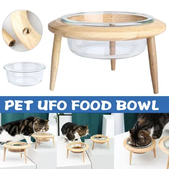 

Adjustable Raised Pet Glass Bowl with Wooden Stand for Cat and Dog No Spill Pet Food Water Feeding Bowls HYD88
