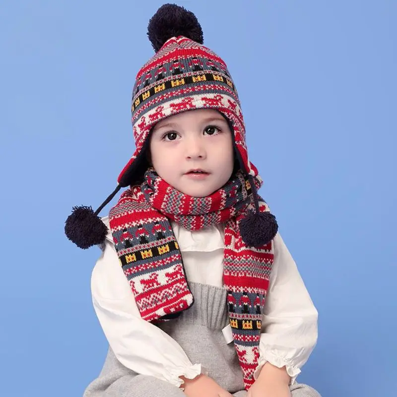 

Toddler Kids Winter Fluffy Pompom Thermal Lining Earflap Beanie Cap Long Scarf Contrast Color Geometric Stripes Warmer