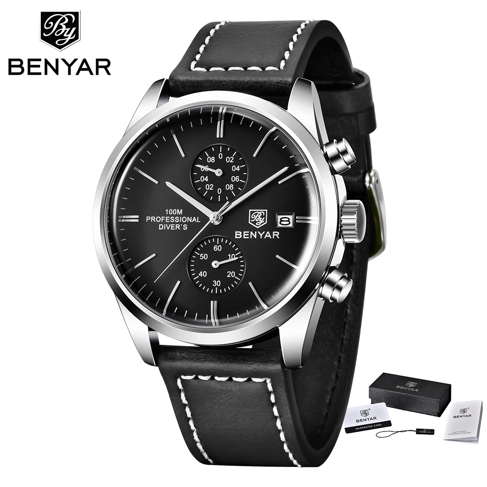 2022 New BENYAR Leather Men Quartz Wristwatches Luxury Brand 100M Waterproof Men Watch Military Sports Chronograph Watch for Men 