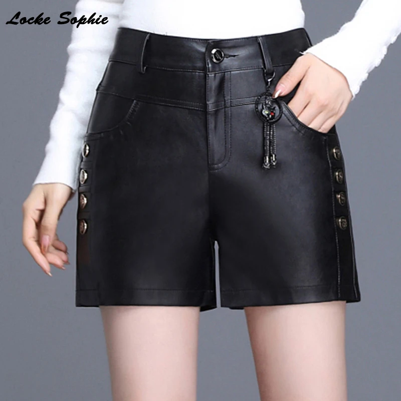 

1pcs Women's Plus size shorts 2020 Autumn PU leathe Button Splicing Black super shorts Ladies Skinny Leatherwear super shorts