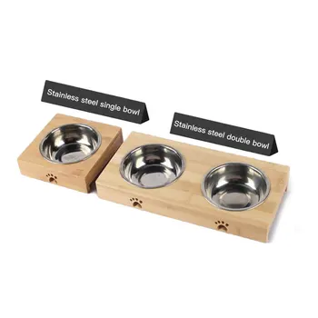 

Stainless Steel Pet Puppy Cat Feeding Bowl Removable Detachable Water Feeder Anti-skid Drink Dish Bowl with Bamboo Rack