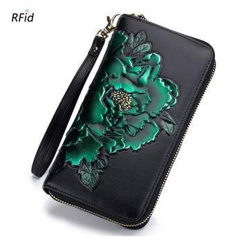 

Hand-painted genuine leather long women wallet Western Rifd flower fashion print design women wallet