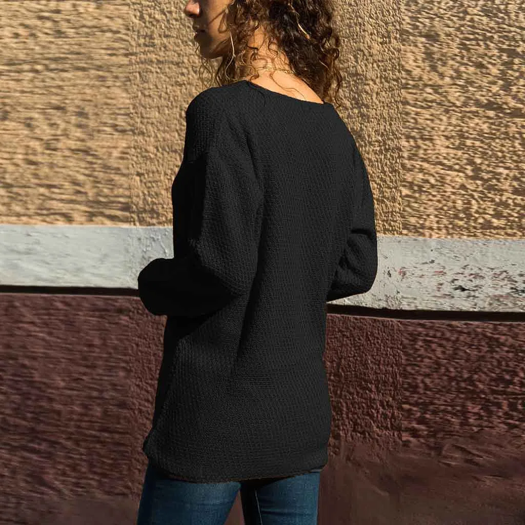 Jaycosin Fashion Casual Lady Long Sleeve V-neck Sweater Stylish Comfortable Soft Solid Color Knitting Slim Blouse Sweater Tops
