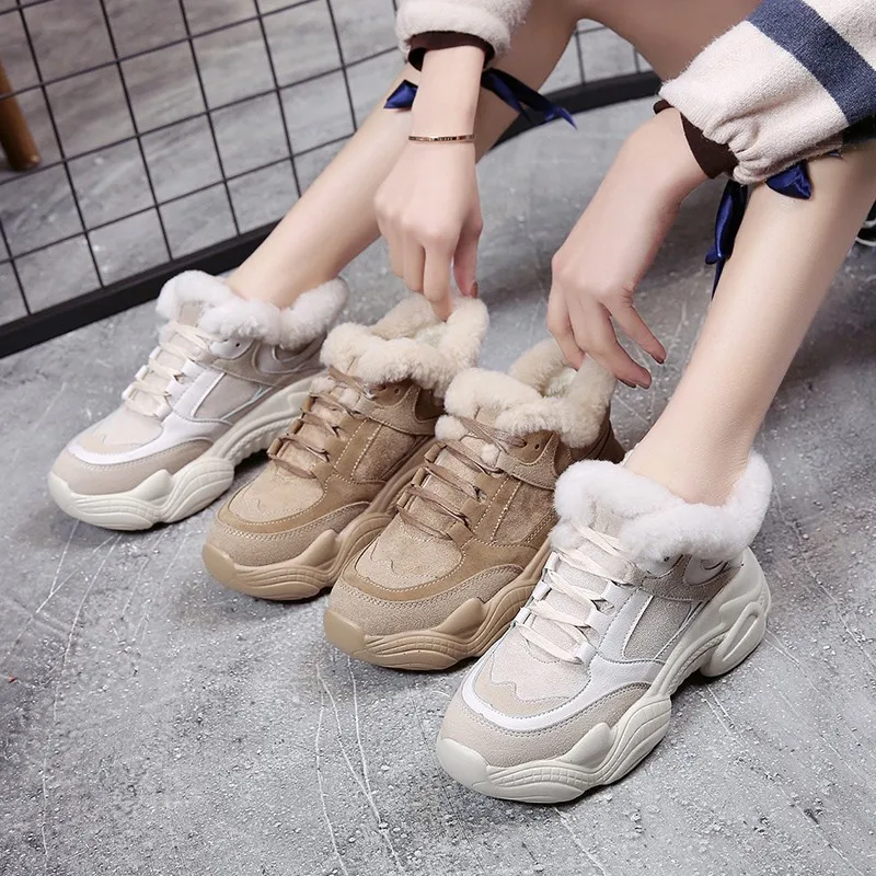 New Thick Sole Women's Winter Sneakers With Fur Sneakers Warm Plush Chunky Sneakers Platform Ladies Snow Boots Shoes Woman