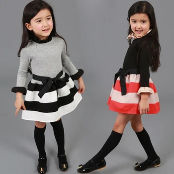 

Autumn Winter Vestidos Striped Dress For Baby Girl Peter Pan Collar Princess Children Bow Stripe Dress Baby Clothing Long Sleeve