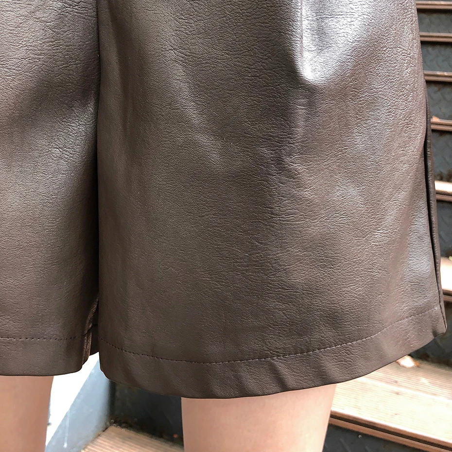 QOERLIN Faux Leather Bermuda Shorts Vintage Chic Imitation PU Shorts Women Fall Winter Wide Leg Loose Casual Shorts Black S-2XL