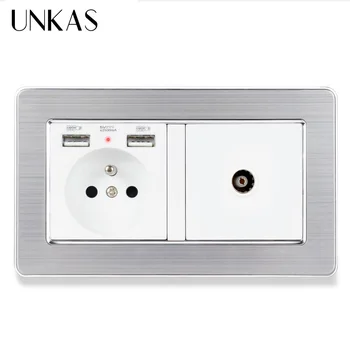 

UNKAS 2 Gang Wall Power French Standard Electrical Socket+USB Charge Port With Female TV Jack Double Outlet 16A Stainless steel