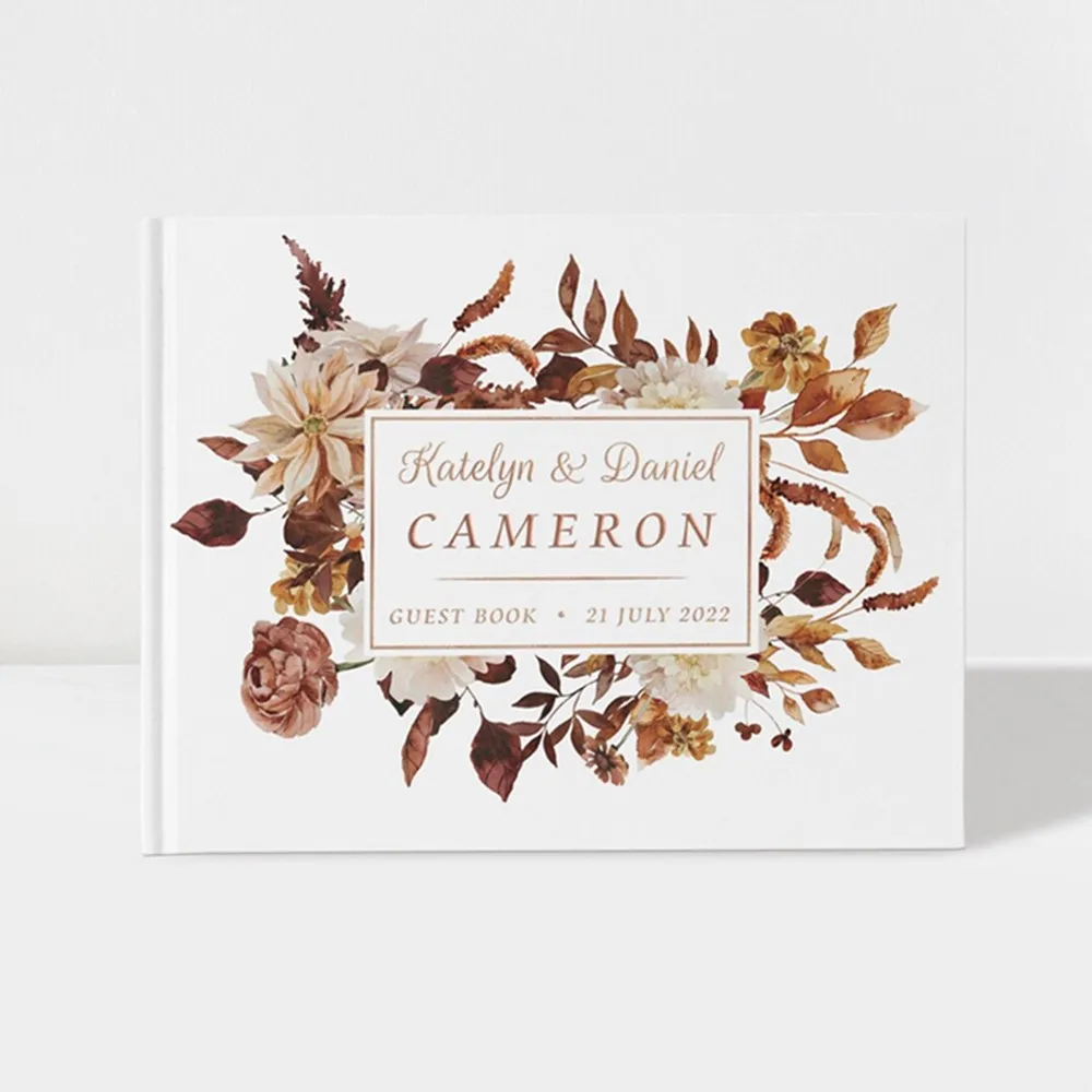 

Personalised Wedding Guest Book Fall Burnt Orange and Rose Gold 100 Pages Keepsake Books bridal Colour Choices Available