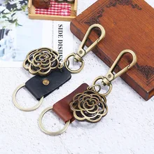 Vintage Hollow Flower Key Chains Handmade Men's Car Holder Keyring Punk Genuine Leather Keychain | Дом и