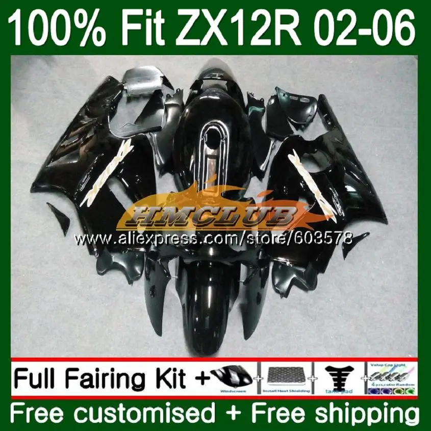 Инъекции для KAWASAKI ZX1200 ZX 12R ZX12R 02 03 04 05 06 черный глянец 114CL. 47 1200CC ZX-12R 2002 2003 2004 2005 2006 обтекатели