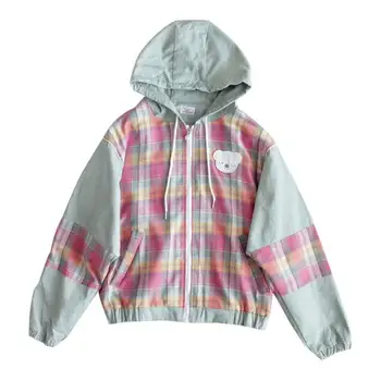 

Spring girl loose student Japanese Harajuku plaid stitching hooded cute soft sister cardigan short coat