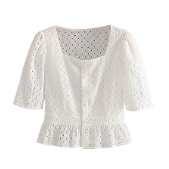 

Women Vintage Ruffle White Lace Square Neck Puff Sleeve Button Decore Short Style Hollow Out Blouse FFZSY564