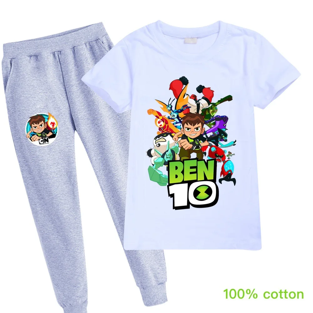 Ben10/Новинка; сезон весна-осень; детская хлопковая футболка с короткими рукавами и рисунком для девочек+ брюки; Детский костюм; одежда унисекс - Цвет: A1