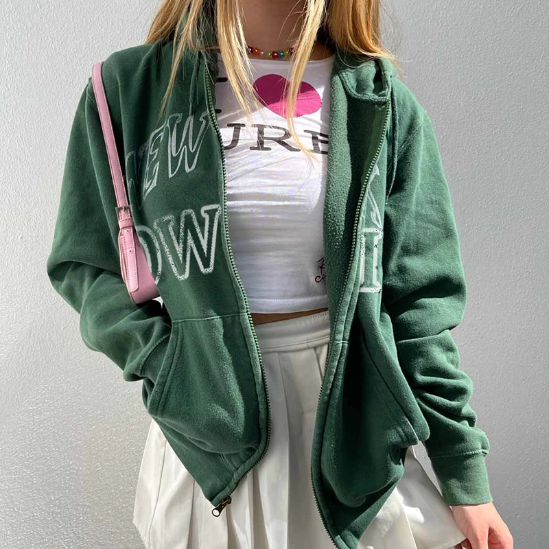 Ins alta Street Nueva verde con cremallera Sudadera con capucha de las mujeres de gran tamaño chaqueta abrigos de invierno de alta ropa de Harajuku ropa para adolescentes|Sudaderas con capucha