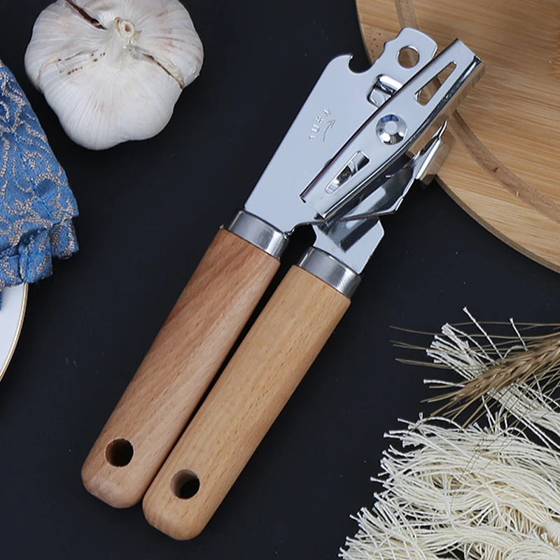 Stainless Steel Cans Opener With Wooden Handle Professional Ergonomic Manual Can Opener Side Cut Jar Opener Kitchen Accessories