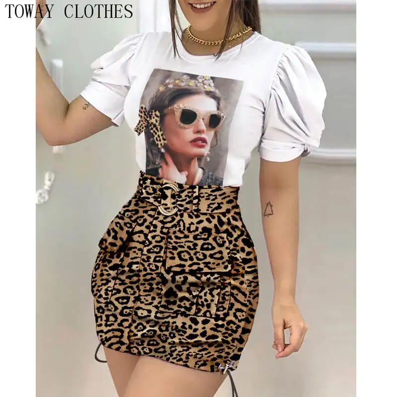 Women Figure Print Ruched Top & Cheetah Pocket Design Skirt Set |