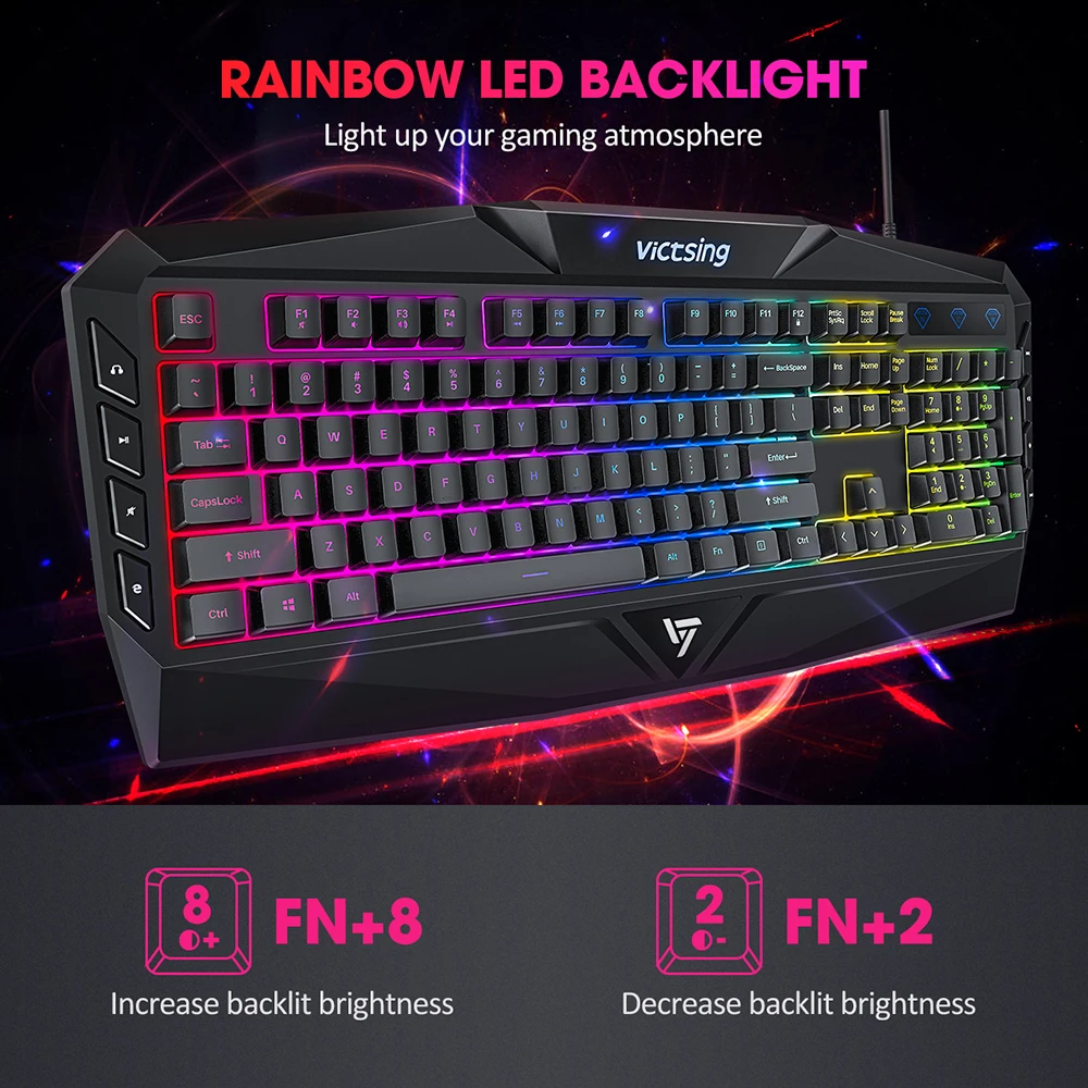 Оригинальная игровая клавиатура VicTsing PC225, RGB клавиатура с подсветкой, эргономичный дизайн, механическое ощущение, 19 ключей против привидений, 8 мультимедийных клавиш, проводная usb-клавиатура для геймера, ноутбука, компьютера
