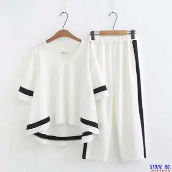

Womens Two Piece Set 2020 Contrast Color Causal Short Sleeve V-neck T Shirt + Side Stripe Wide Leg Pants Tracksuit 4A1008