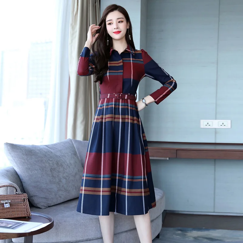 

Plaid Long-sleeved Dress Mid-length 2019 Autumn Early Autumn New Style WOMEN'S Dress Early Autumn Elegant Waist Hugging Slimming