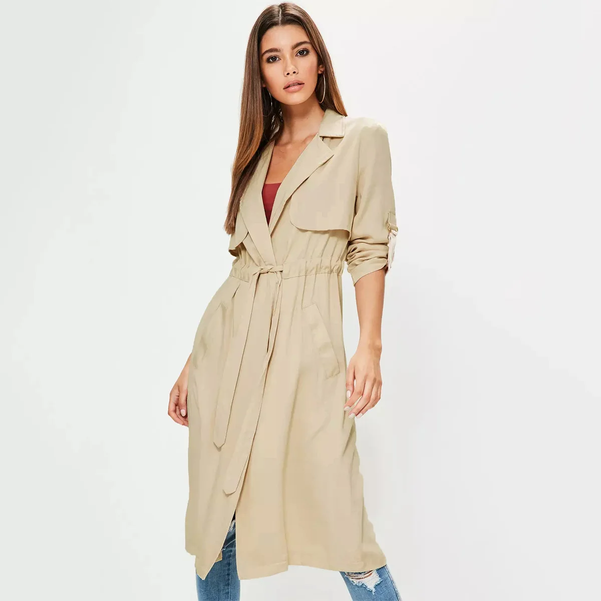 

Europe And America Fashion Simple Circle Cufflinks Loop Shirred Waist Hugging British Style Trench Coat